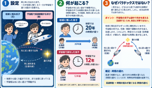 双子のパラドックスをわかりやすく解説！宇宙旅行した側が若い理由