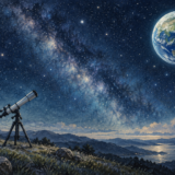 星空を観測する望遠鏡と動く地球を組み合わせたイラスト