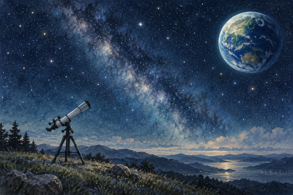 星空を観測する望遠鏡と動く地球を組み合わせたイラスト