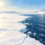 太陽光を受ける白い海氷と濃い青色の海面