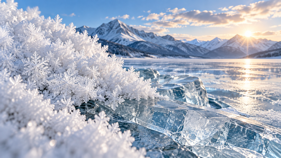 白い雪の結晶と透明な氷のイメージ