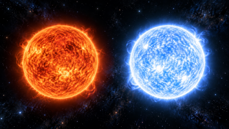 赤い恒星と青白い恒星を比較した概念イメージ