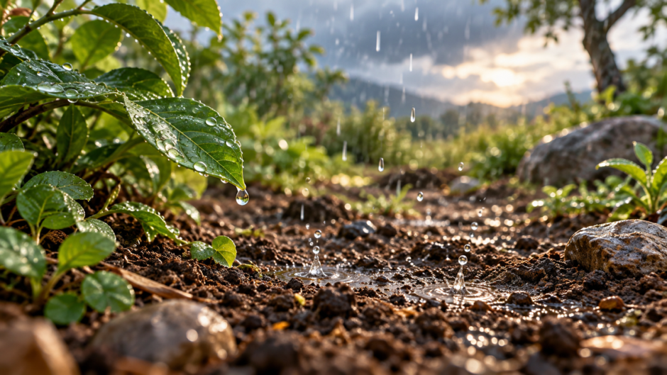 土と葉に雨粒が落ちる様子のイメージ
