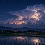 夜の遠方の雷雲が内側から光る様子のイメージ