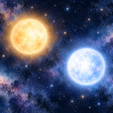 暖かな黄色と青白い2つの恒星が並ぶ水彩風の宇宙イラスト