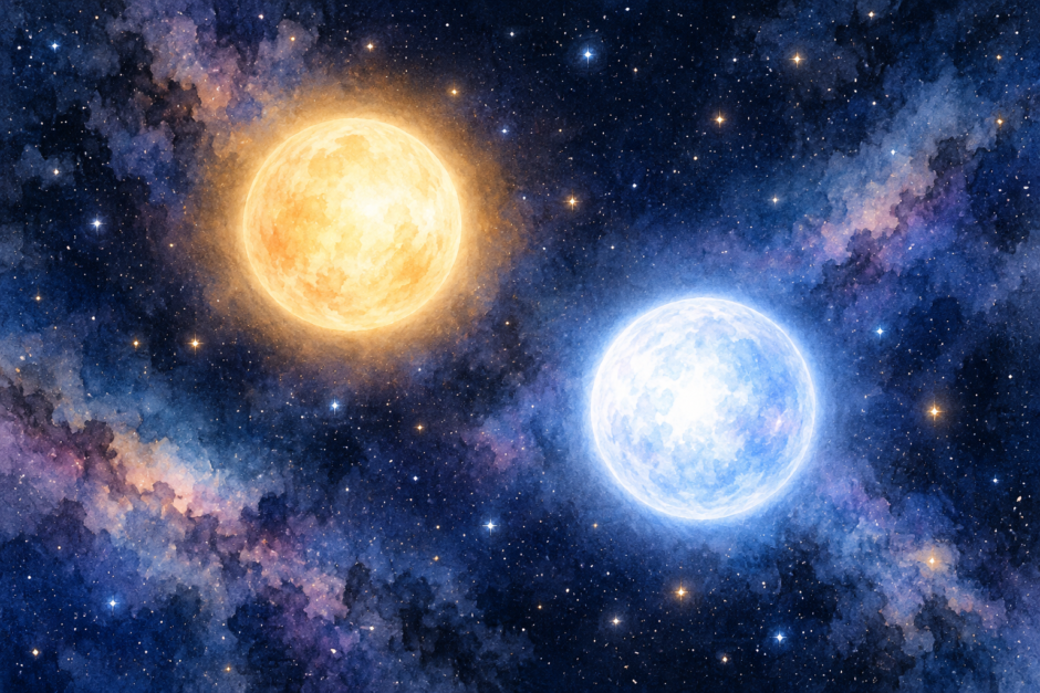 暖かな黄色と青白い2つの恒星が並ぶ水彩風の宇宙イラスト