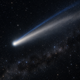星空に白いダストの尾と青いイオンの尾を伸ばす彗星のイメージ