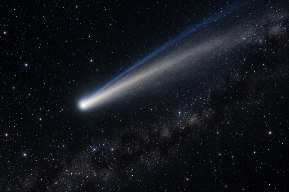星空に白いダストの尾と青いイオンの尾を伸ばす彗星のイメージ