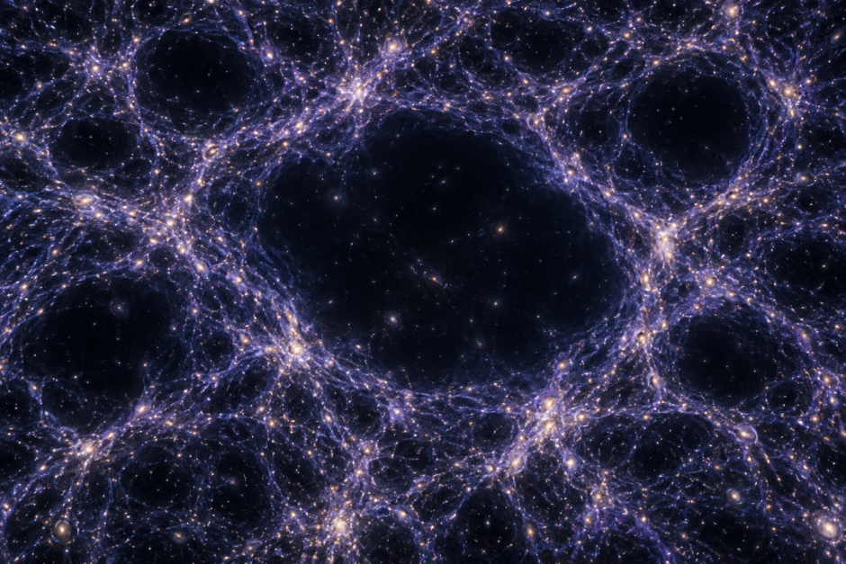 銀河が集まる宇宙の網目と、その間に広がるボイドのイメージ