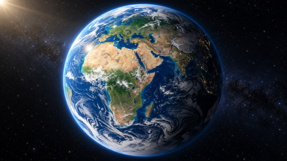 太陽に照らされた昼側と暗い夜側が見える宇宙からの地球