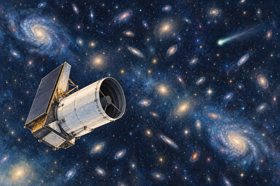 銀河と小さな彗星を背景にした宇宙望遠鏡のイラスト