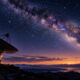 天の川の広がる星空に向けられた電波望遠鏡のイメージ