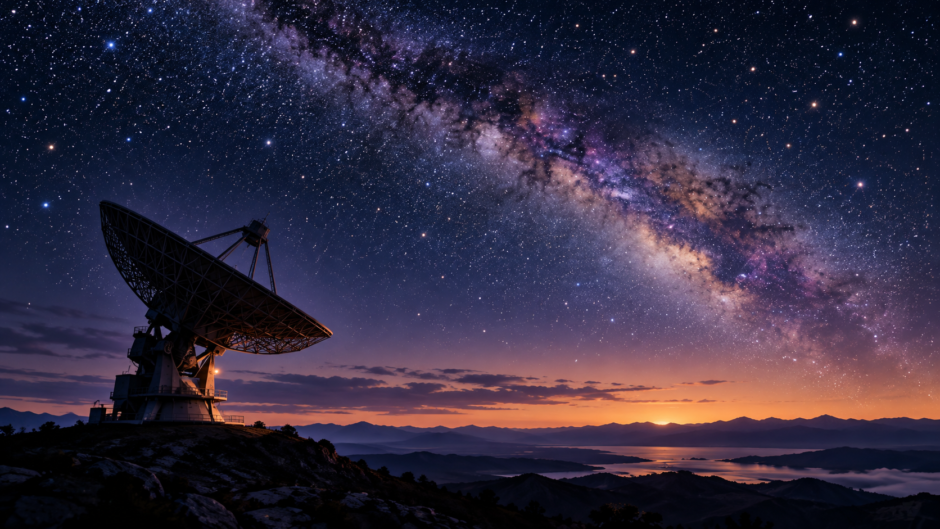 天の川の広がる星空に向けられた電波望遠鏡のイメージ