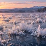 朝の凍った湖の氷面に育つ羽状のフロストフラワー