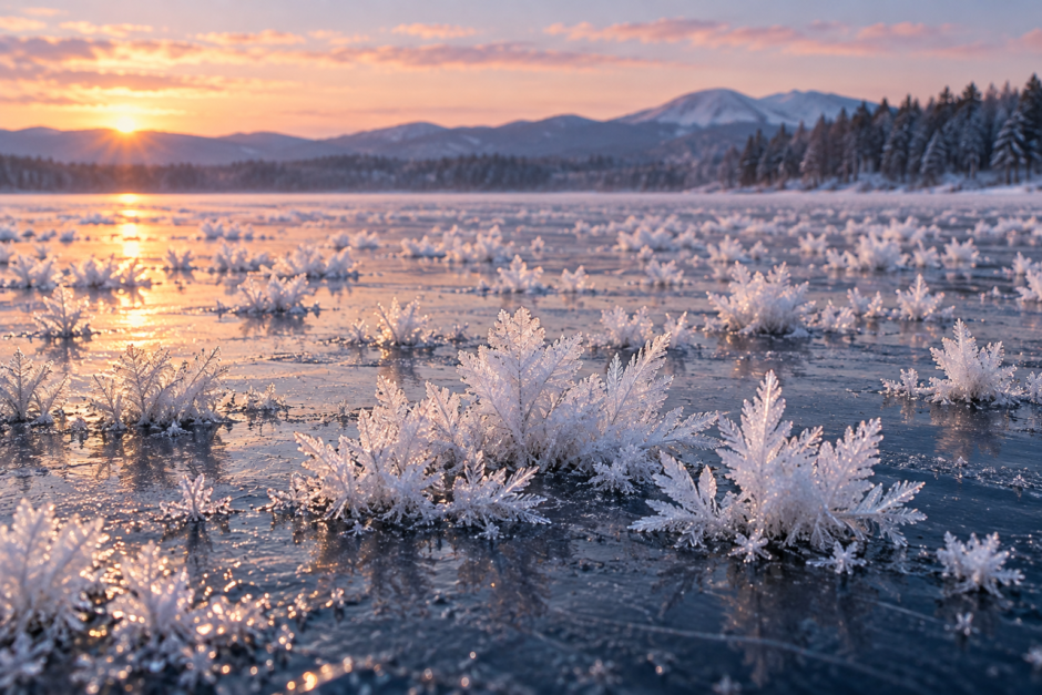 朝の凍った湖の氷面に育つ羽状のフロストフラワー