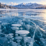 透明な青い湖の氷の中に、白い気泡が何層にも重なるアイスバブル