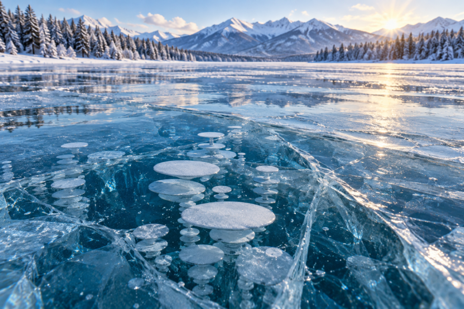 透明な青い湖の氷の中に、白い気泡が何層にも重なるアイスバブル