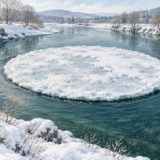 雪の積もる川に浮かぶ円盤状のアイスサークル