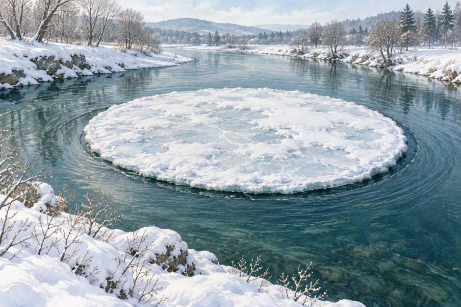 雪の積もる川に浮かぶ円盤状のアイスサークル