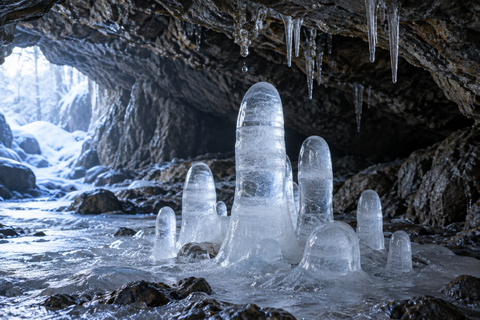 洞窟の床から上向きに育つ丸い先端の氷筍と天井から落ちる水滴