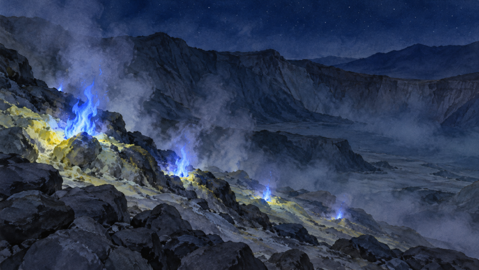 イジェン火山の硫黄の噴気孔付近で揺れる青い炎