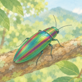 枝の上で虹色に輝くタマムシを描いたやわらかな水彩風イラスト