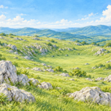 白い石灰岩が点在し、緩やかなくぼ地が広がるカルスト草原の水彩風イラスト