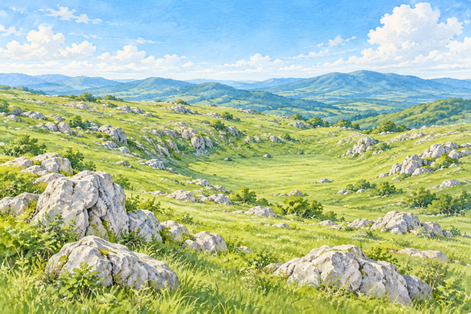 白い石灰岩が点在し、緩やかなくぼ地が広がるカルスト草原の水彩風イラスト