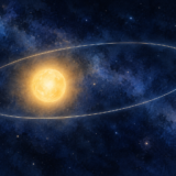 太陽と、その周りの軌道を進む青い惑星を描いた水彩風の宇宙イラスト