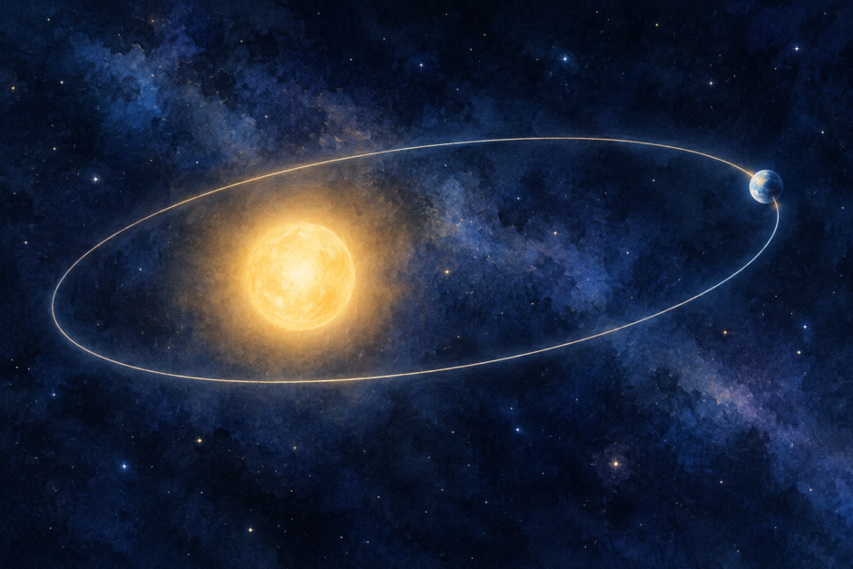 太陽と、その周りの軌道を進む青い惑星を描いた水彩風の宇宙イラスト