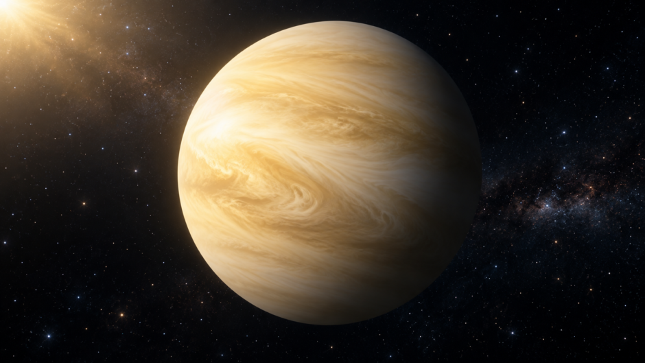 厚い淡黄色の雲に覆われた金星の概念イメージ