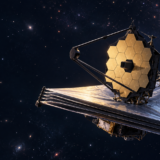 金色の分割鏡と遮光板を持つ宇宙望遠鏡と遠くの地球