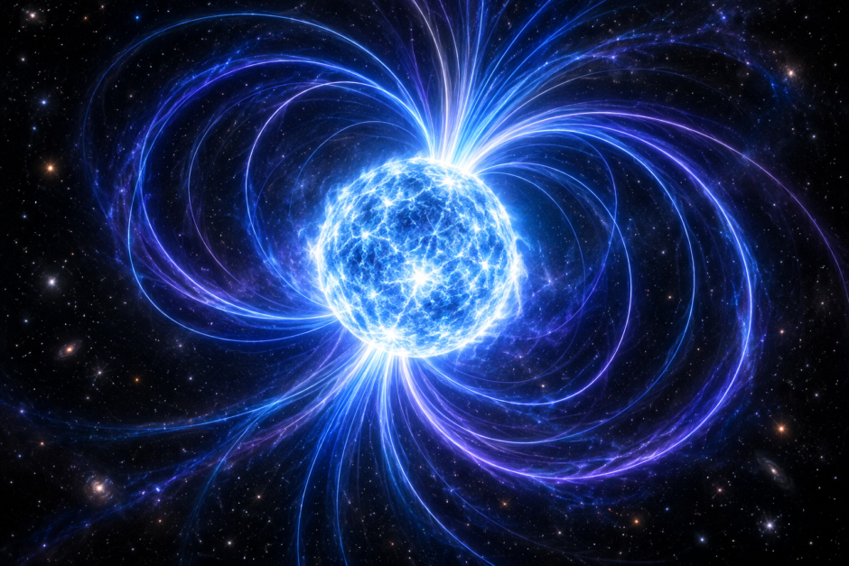 強い磁場を持つ中性子星マグネターと周囲の磁力線のイメージ