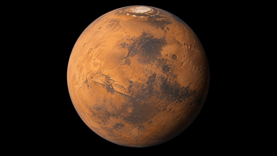 赤褐色の地表と暗い模様、白い極冠が見える火星