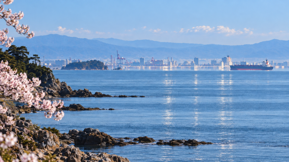 春の湾岸で遠くの港の景色が変形して見える蜃気楼のイメージ
