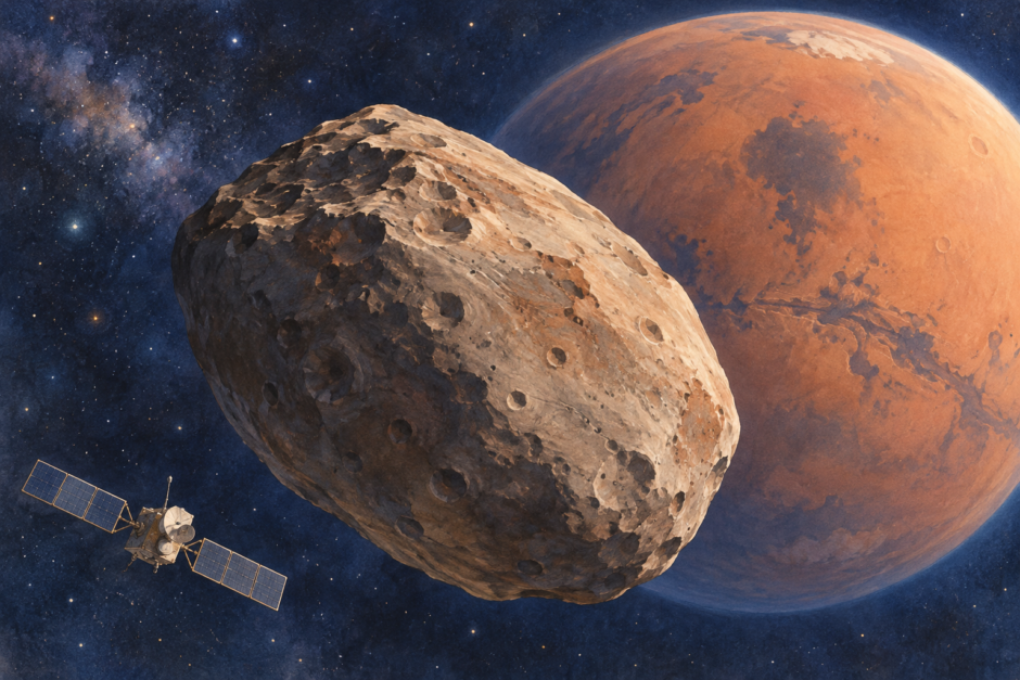 火星と衛星フォボス、接近する探査機を組み合わせたイラスト