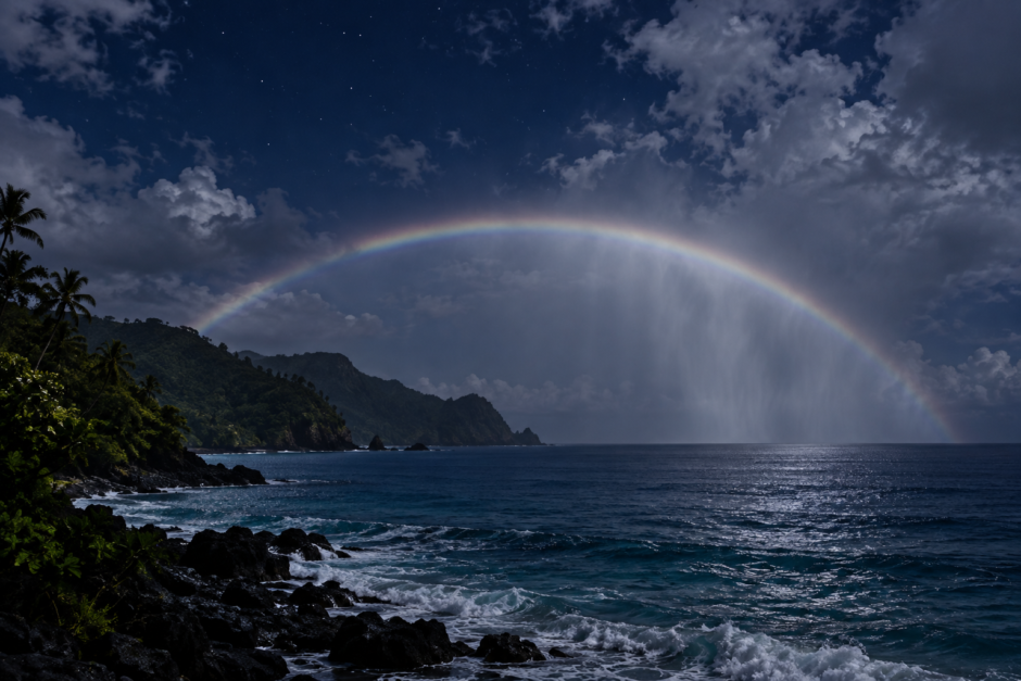 夜の海の雨雲にかかる、淡い月虹のイメージ