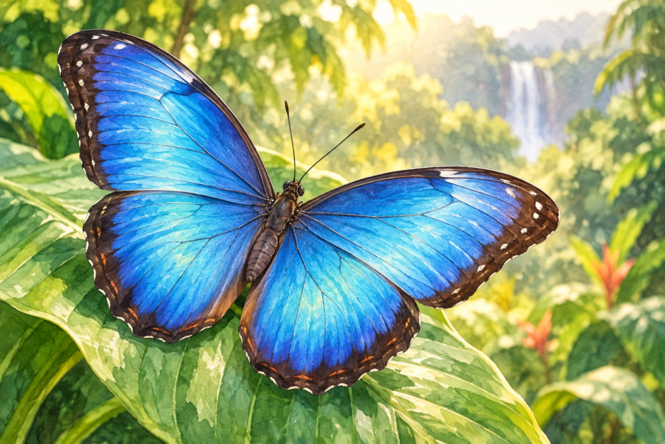 緑の葉の上で青い翅を広げたモルフォ蝶の水彩風イラスト