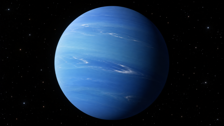 宇宙に浮かぶ海王星と大気に伸びる白い雲