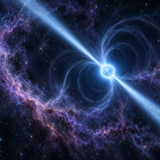 星雲に囲まれ、両極方向へ光のビームを放つ中性子星の想像図