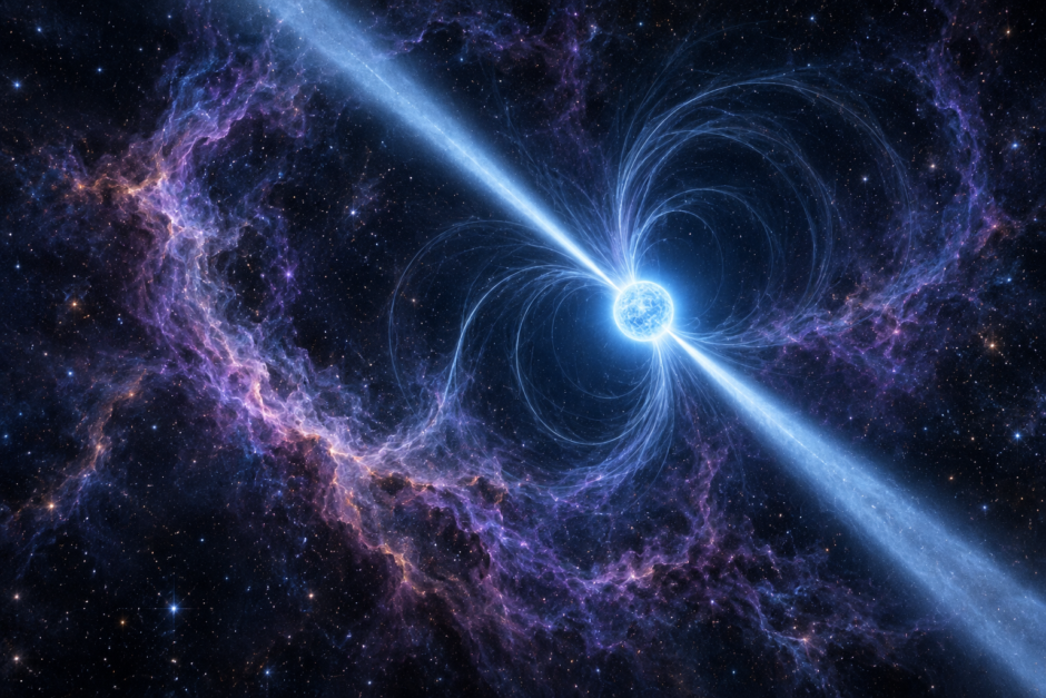 星雲に囲まれ、両極方向へ光のビームを放つ中性子星の想像図