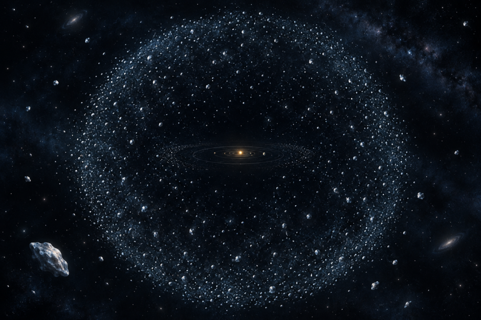 太陽系の周囲に氷の小天体が球状に分布するオールトの雲の想像図