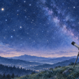 星までの距離を観測する望遠鏡と山の上に広がる星空のイラスト
