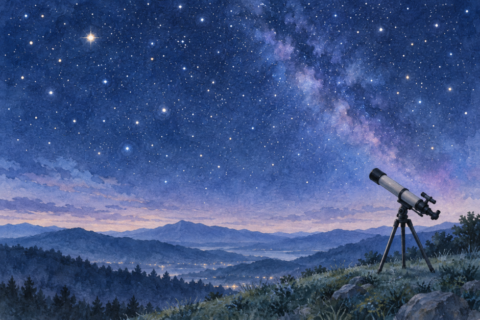 星までの距離を観測する望遠鏡と山の上に広がる星空のイラスト