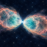 小さな中心星の両側に淡いガスが砂時計状に広がる惑星状星雲のイラスト
