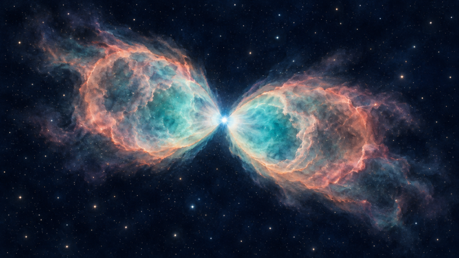 小さな中心星の両側に淡いガスが砂時計状に広がる惑星状星雲のイラスト