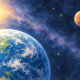 太陽の光を受ける地球と火星の公転をイメージした水彩風イラスト