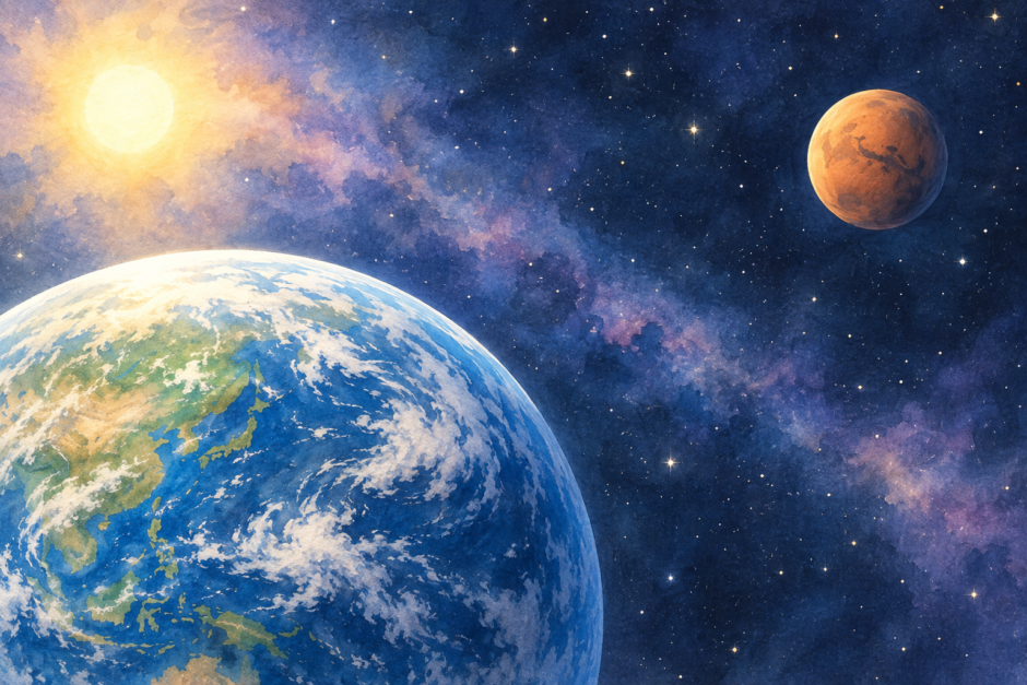 太陽の光を受ける地球と火星の公転をイメージした水彩風イラスト