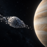 大きな惑星の近くで、小さな天体が潮汐力によって引き伸ばされ分裂するイメージ