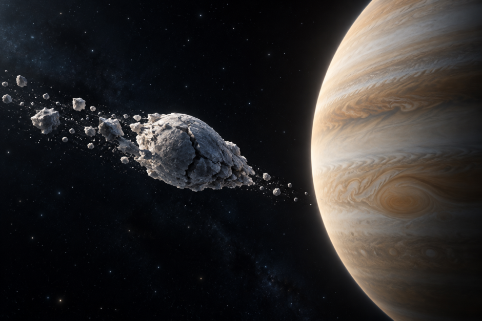 大きな惑星の近くで、小さな天体が潮汐力によって引き伸ばされ分裂するイメージ